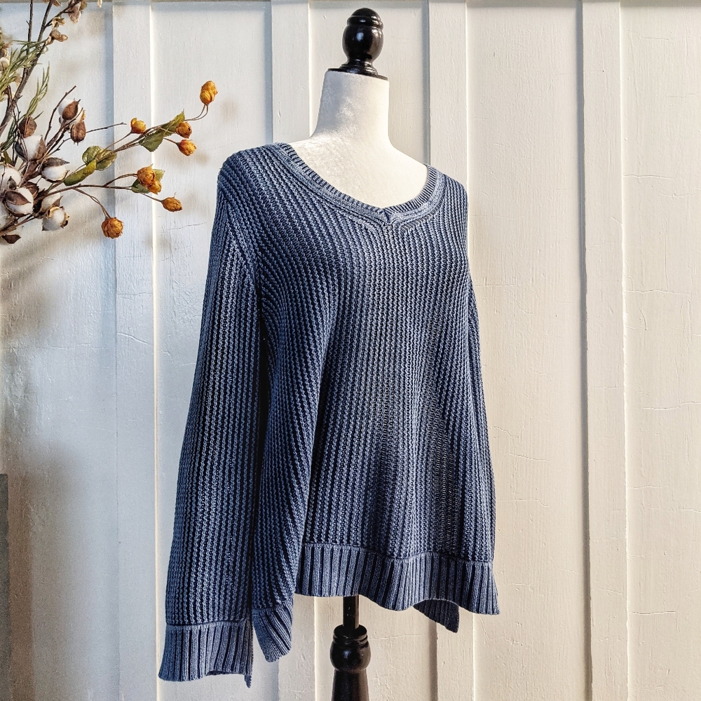 Dusty Blue Oversized V-neck Knit Sweater